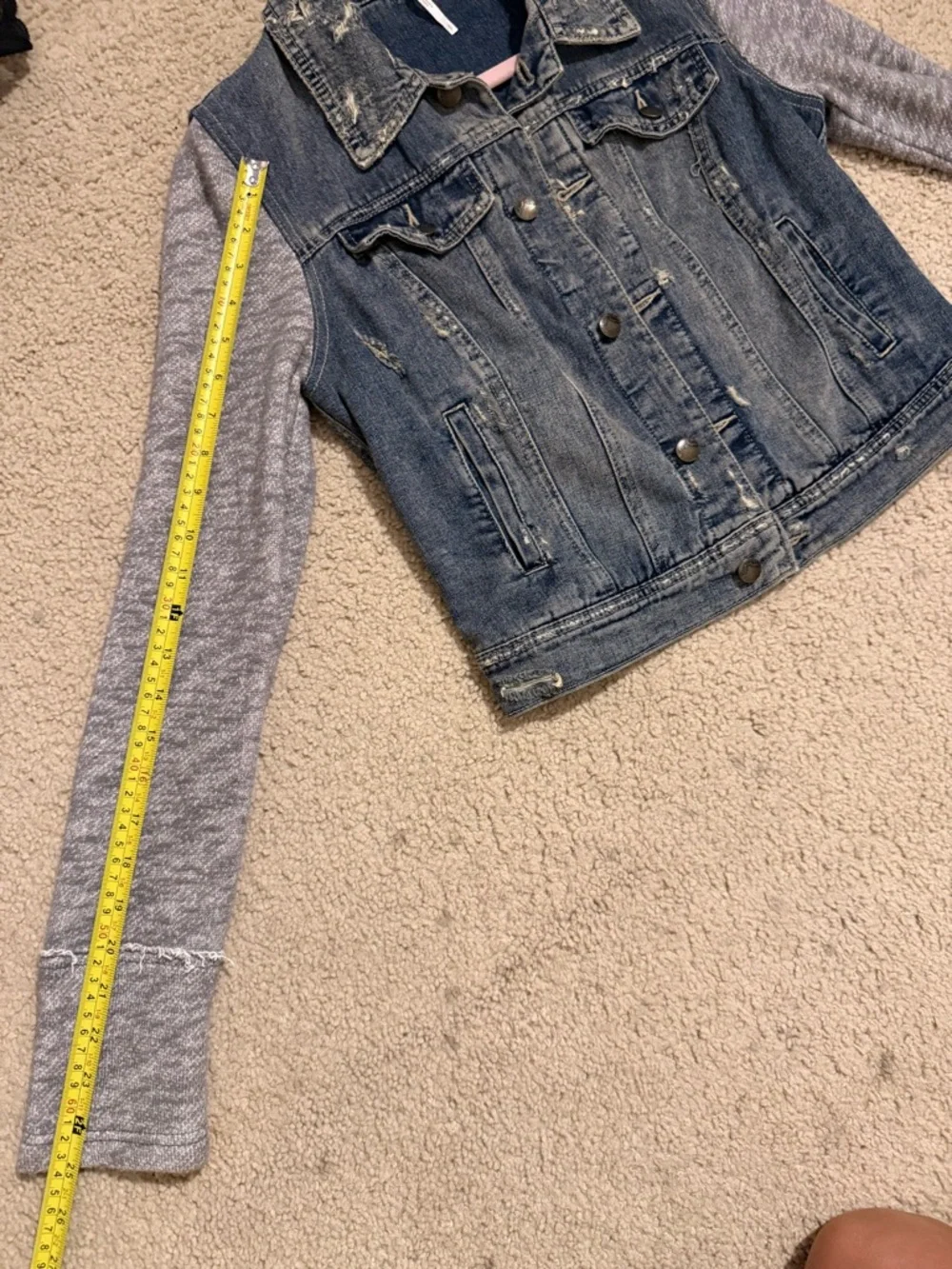 Free People Distressed Denim Knit Sleeve Jacket Blue Gray Hybrid Trucker - Picture 6 of 10